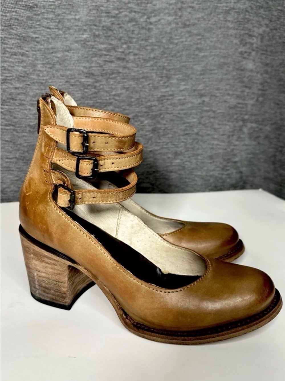 freebird Tan Triple-Strap Block Heel Pumps